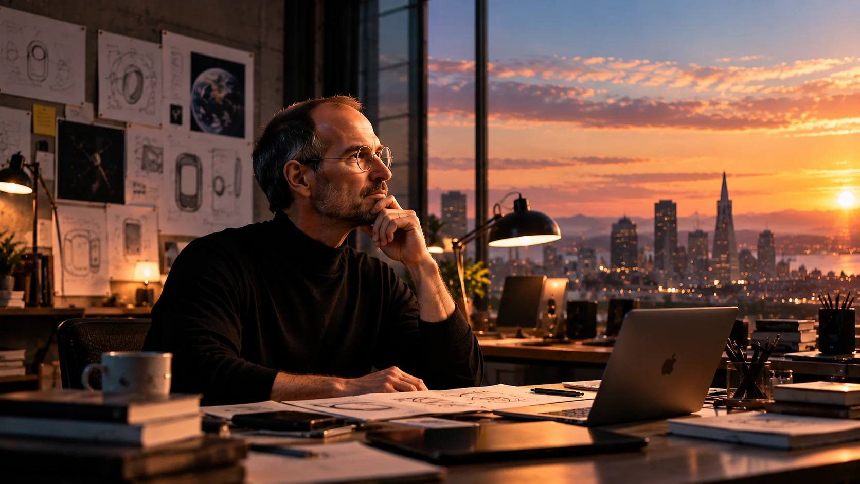 Steve Jobs in studio overlooking skyline